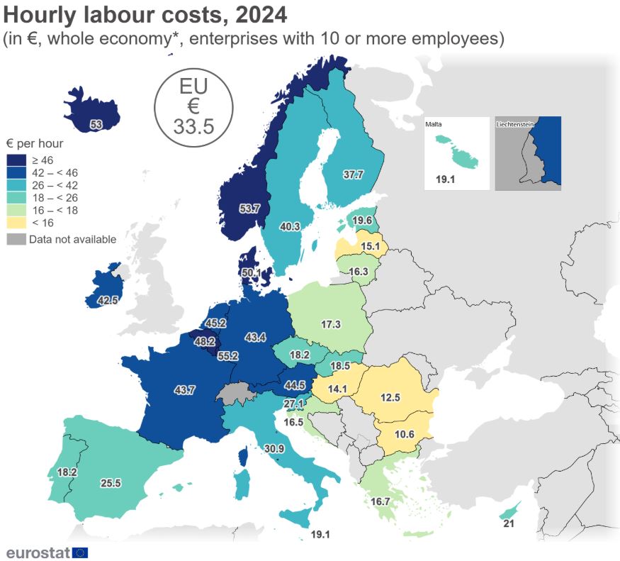 Карта погодинної вартості праці в Європі у 2024 році. Найвищі витрати в Данії (€55.2), Люксембурзі (€53.7) та Ісландії (€53), найнижчі — в Болгарії (€10.6) та Румунії (€12.5). Середня по ЄС — €33.5. Джерело: Eurostat.
